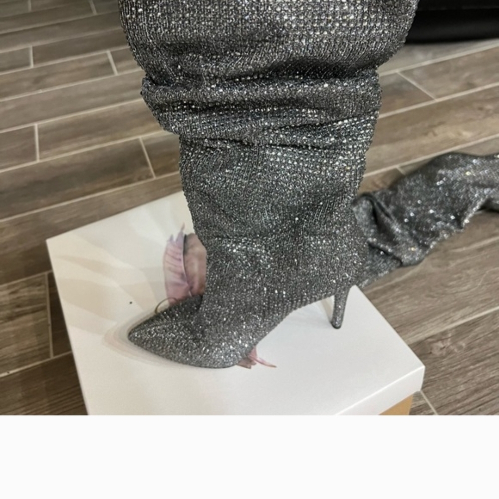 Jessica Simpson Silver Glitter Knee-High Stiletto Boots